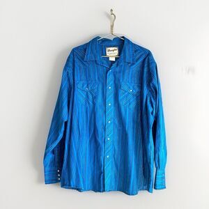 Vintage Wrangler Men’s Blue And Silver Striped LS Pearl Snap Shirt Sz XXL